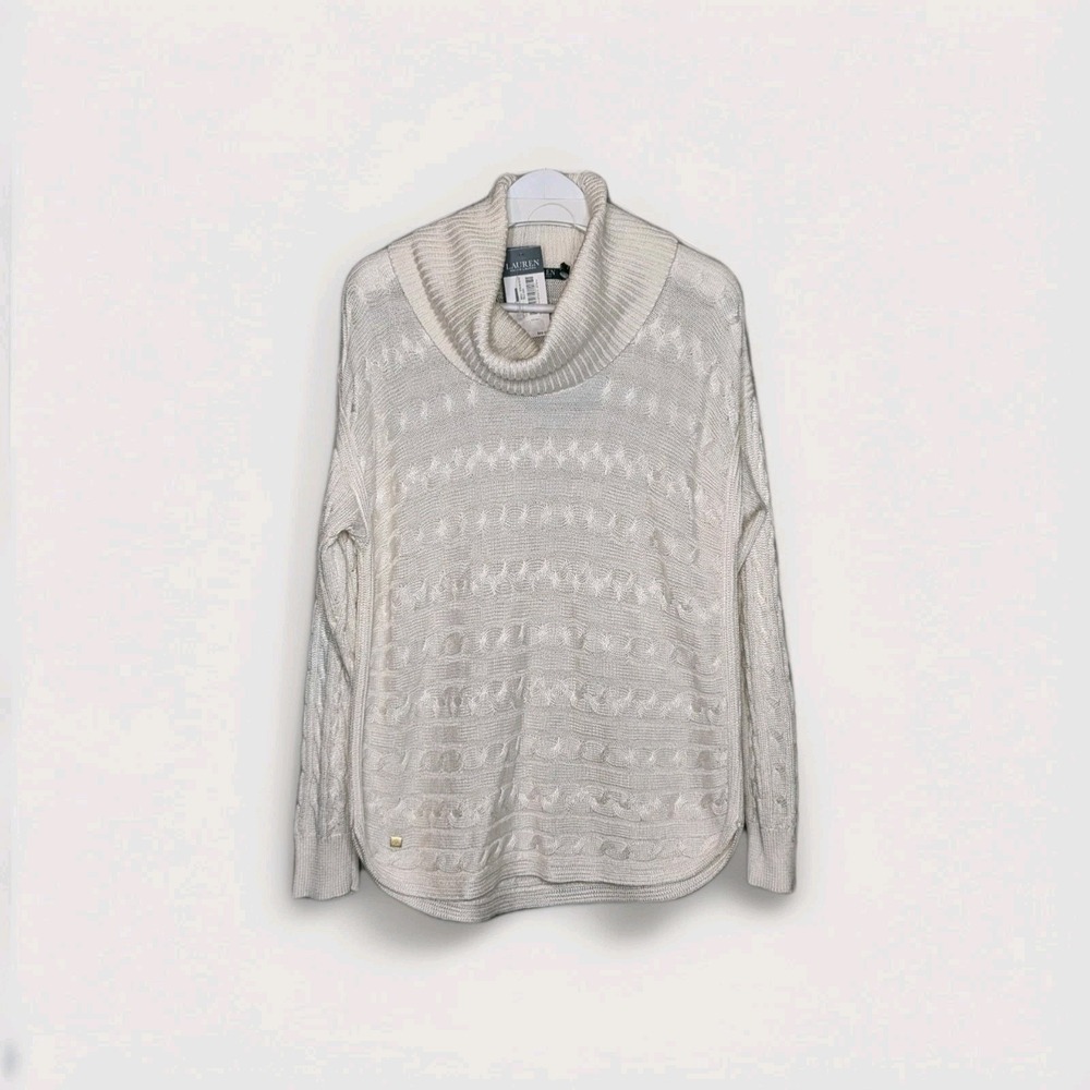 Lauren Ralph Lauren Cowl Neck Cable Knit Sweater Size XLarge Classic Chic Cream‎